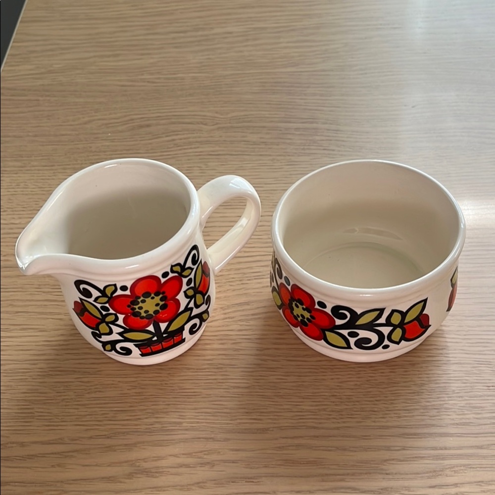 Retro 1970s White Ceramic Creamer and Sugar Set with Red Floral Pattern